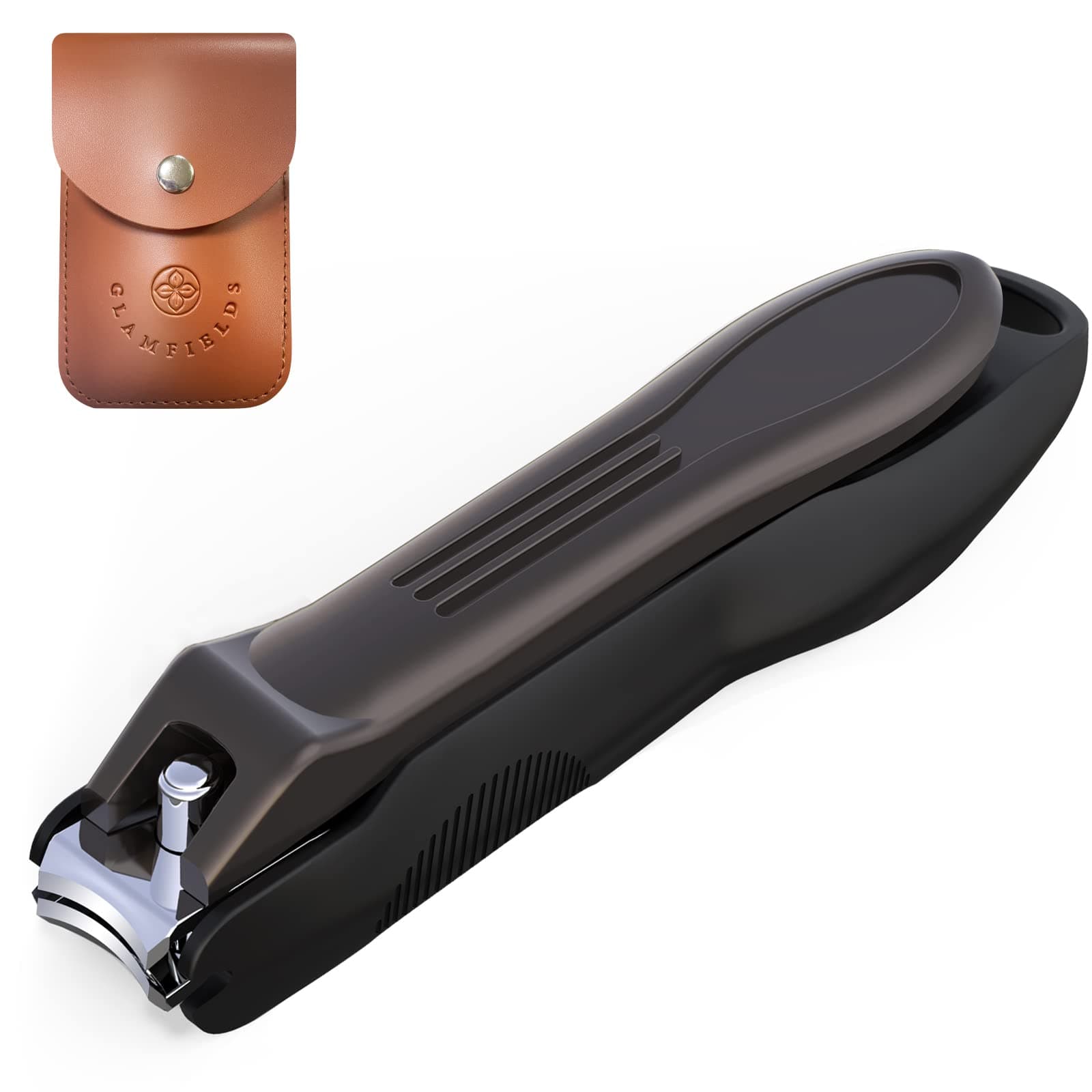 GLAMFIELDS Nail Clippers with No Splash Storage Box, Large Fingernail Toenail Clipper Detachable Easy Clean Nail Cutter Trimmer with Nail Files for Men & Women, Leather Case Packed Black (1 Pack)