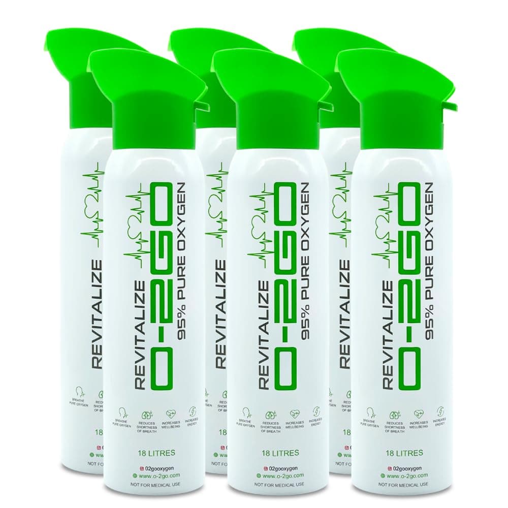 Oxygen Can with Face Cup, 95% Pure Oxygen, 108 litres Per Can, Pack of 6 with Inhaler Cap, Lightweight Portable Aerosol Design, Manufactured in the United Kingdom