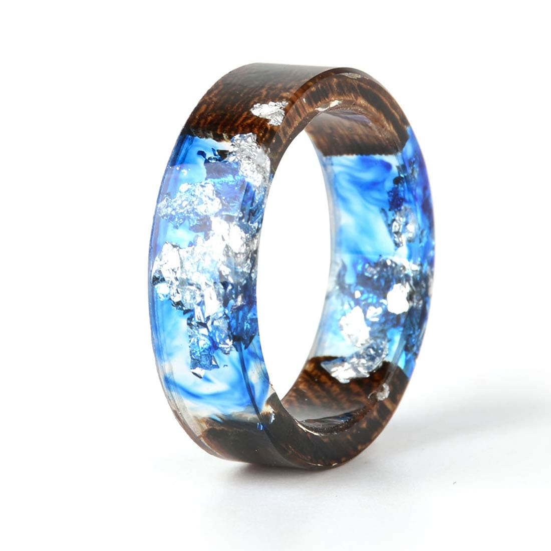 Unique Handmade Wood Resin Band Ring with Silver Foil Inside Ocean Blue Crystal Ring Best Gift for Her Size 8.5