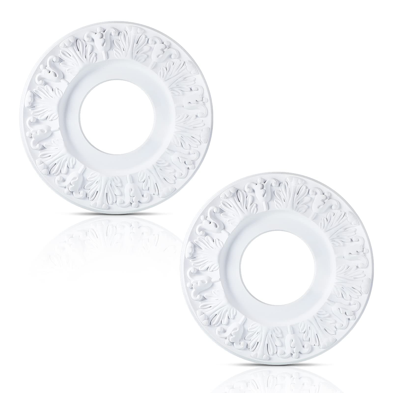 2 Pieces Ceiling Medallion Molded White PU Ceiling Medallions for Light Fixtures Cover Decorative Plate for Replacement Canopies Home Chandelier Fans 10"OD x3.5"ID