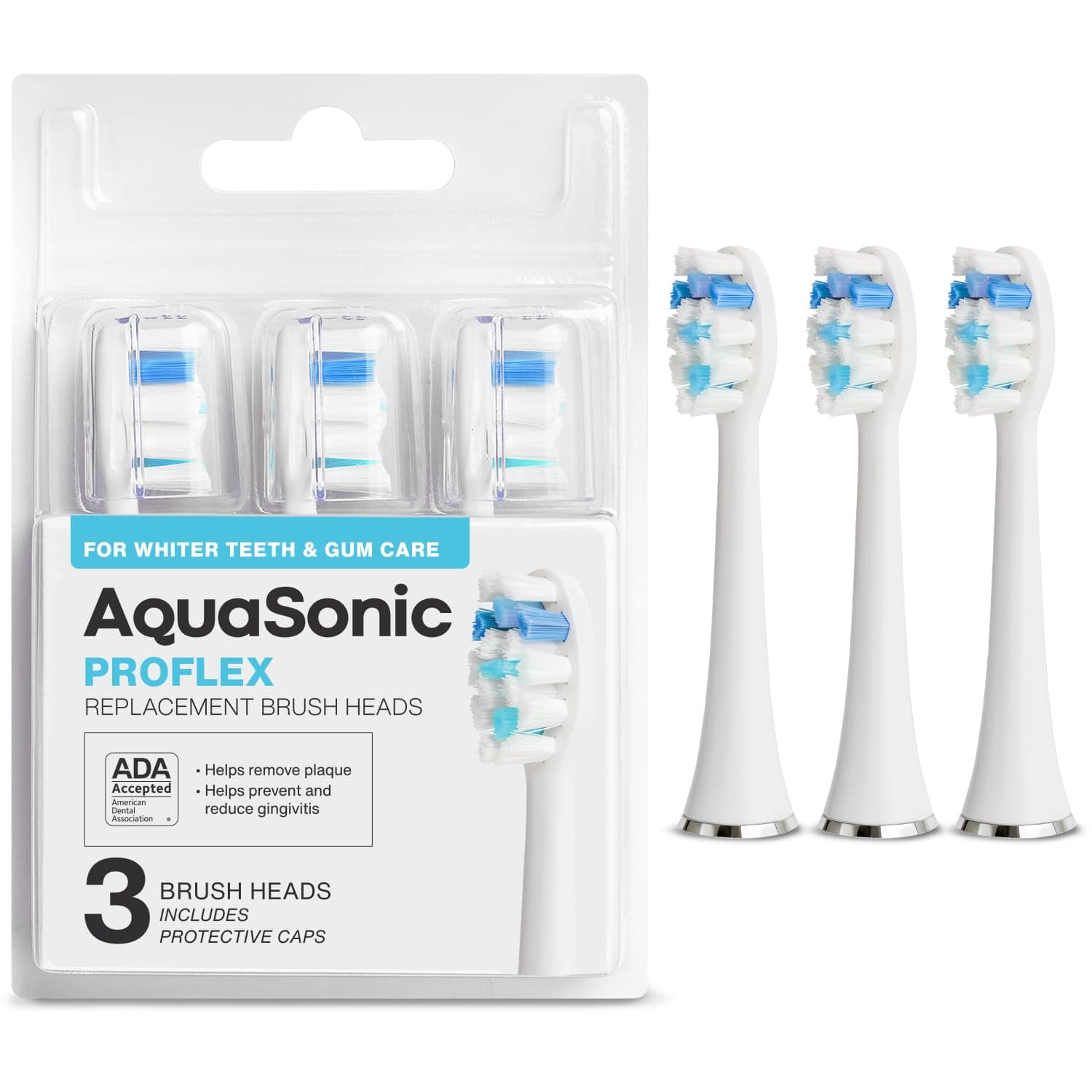 AquaSonic Proflex Replacement Brush Heads | for Whiter Teeth & Gum Care | Compatible with Many AquaSonic Toothbrush Handles (3 Pack White)