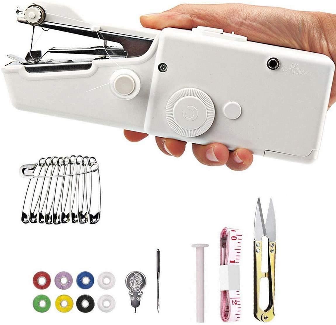 DELFINO Mini Handheld Sewing Machine, Quick Handy Stitch Portable Hand Stitch Cordless With accessories for Beginner Fabric Clothing Children's Kids Cloth Curtain Home Travel DIY Household Use (White)
