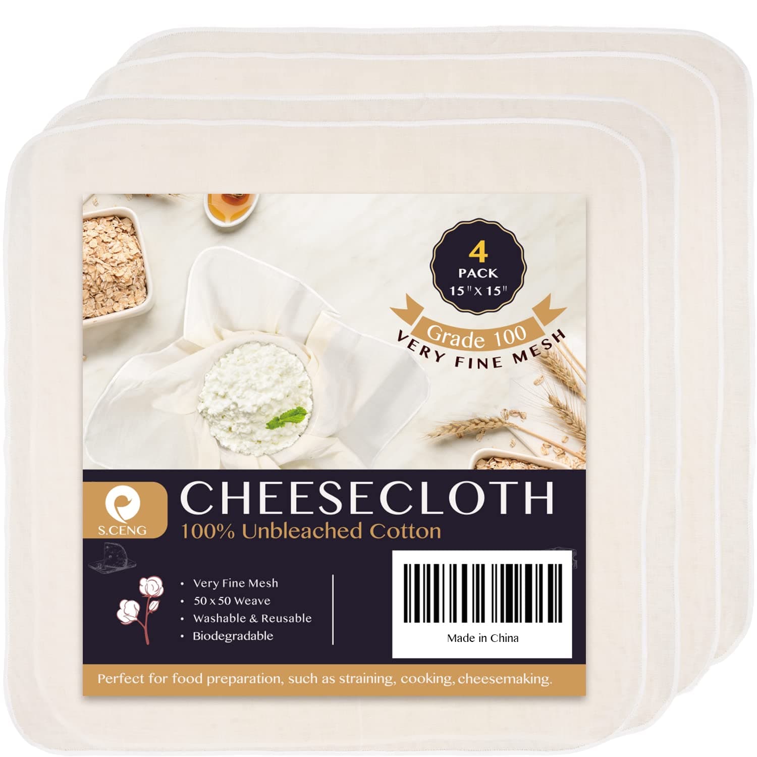 Precut Cheesecloth, 15 x 15'' 4 Pack, Grade 100, Ultra Fine Cheese Cloth for Straining & Cooking, 100% Unbleached Cotton Muslin Cloth for Making Cheese