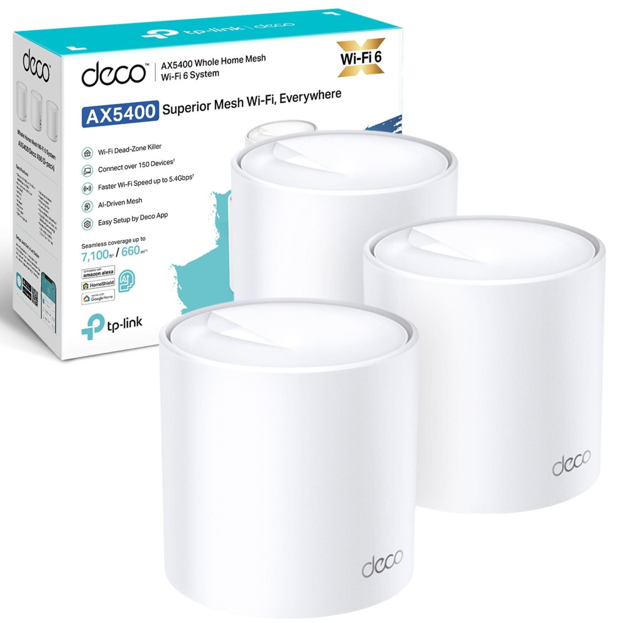 Deco X60(3-pack) AX5400Mbps Whole Home Mesh WiFi 6 System, up to 7,100 Sq ft Coverage, AI Driven WiFi Booster, 1 GHz Quad-Core CPU, Compatible with Amazon Alexa, HomeShield Security,Easy Setup