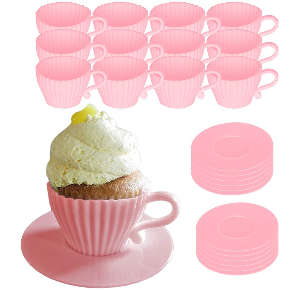 Evelots Baking Cupcake Molds - Silicone Teacup Set - 24 Pc Set - Oven-Safe - Nonstick - Muffin Cups for Bridal/Baby Shower, Birthday/Tea Party - 12 Cups & 12 Saucers - BPA Free