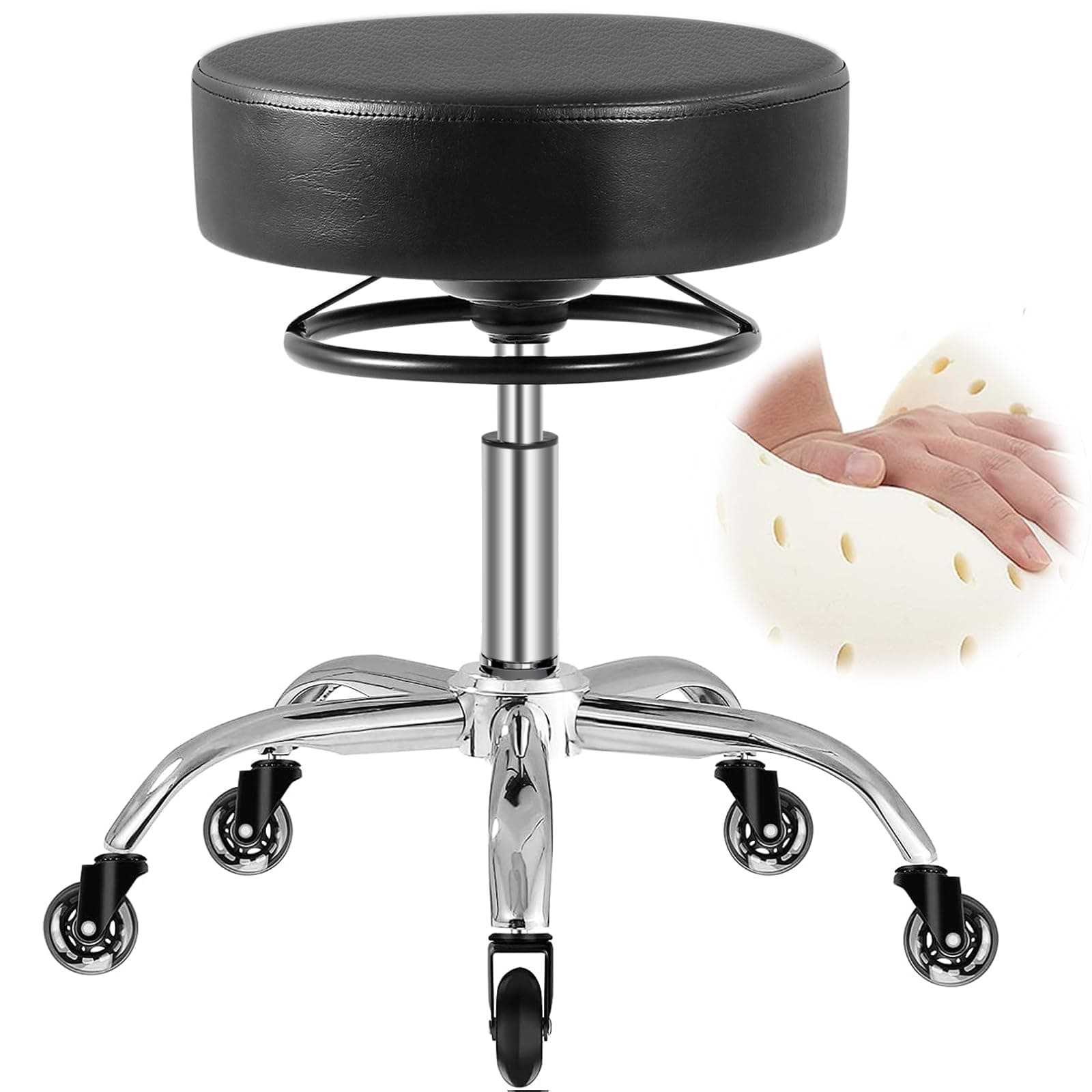 Rolling Stool with Wheels 400lbs Weight Capacity,Heavy Duty Lash Chair Adjustable for Tatoo Lab Massage Salon Spa Drafting Nail Teach,360 Swivel,Leather,Thick Seat Padding (Black)