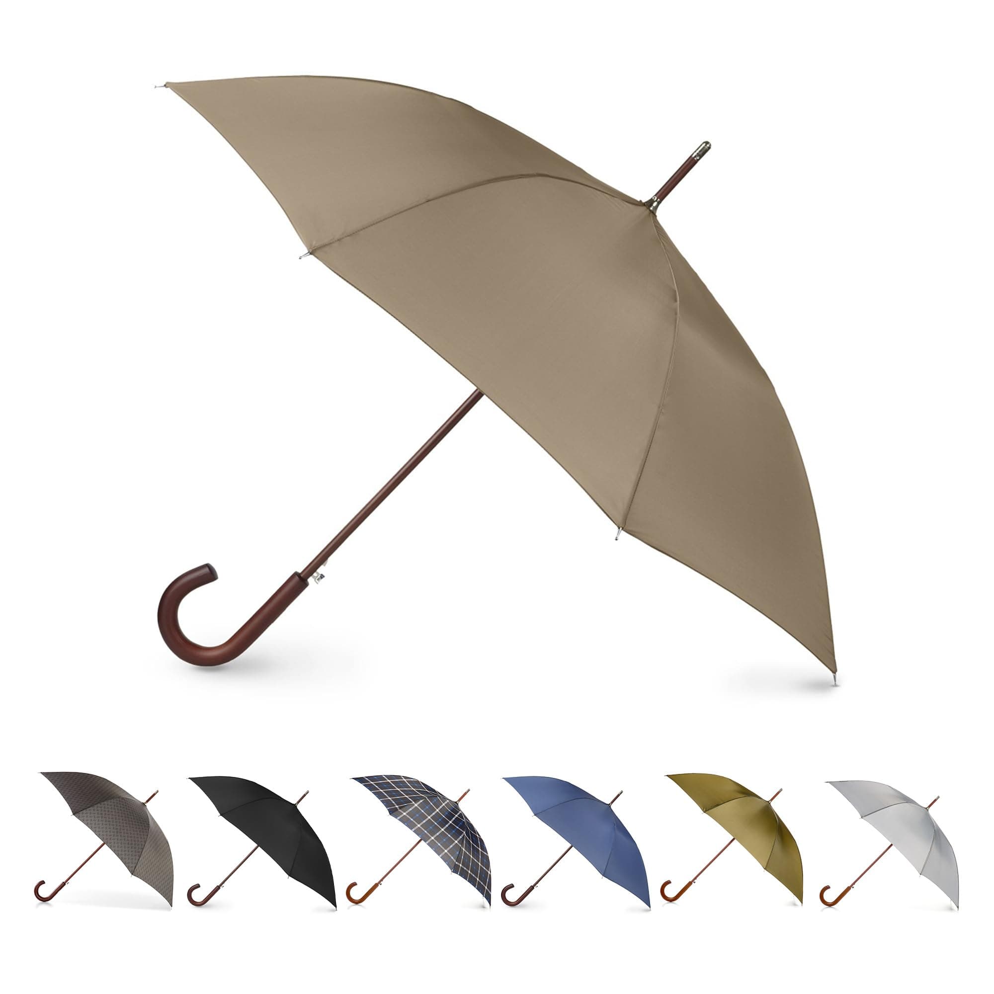 Totes Eco Auto Open Umbrella Classic Wooden J Stick Handle with Easy Grip - Windproof, Rainproof and Durable Canopy Design – Versatile Travel, Perfect for Rainy Days