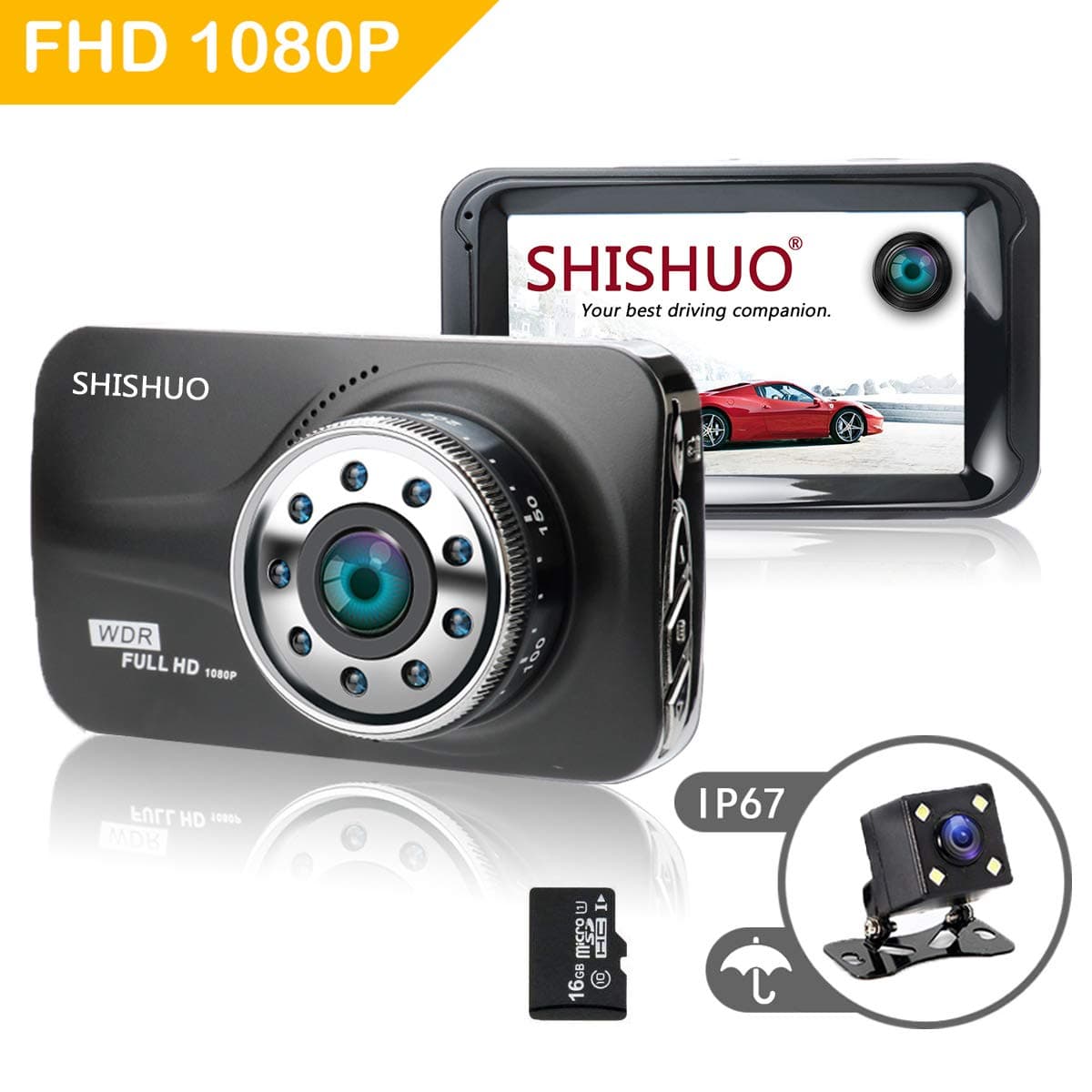 SHISHUO Dash Cam Front and Rear - 16GB Micro SD Card Included True HD 1080P 3" IPS Display Vehicle Dual Recording Cameras, Built In G-Sensor, Motion Detection, Parking Monitoring