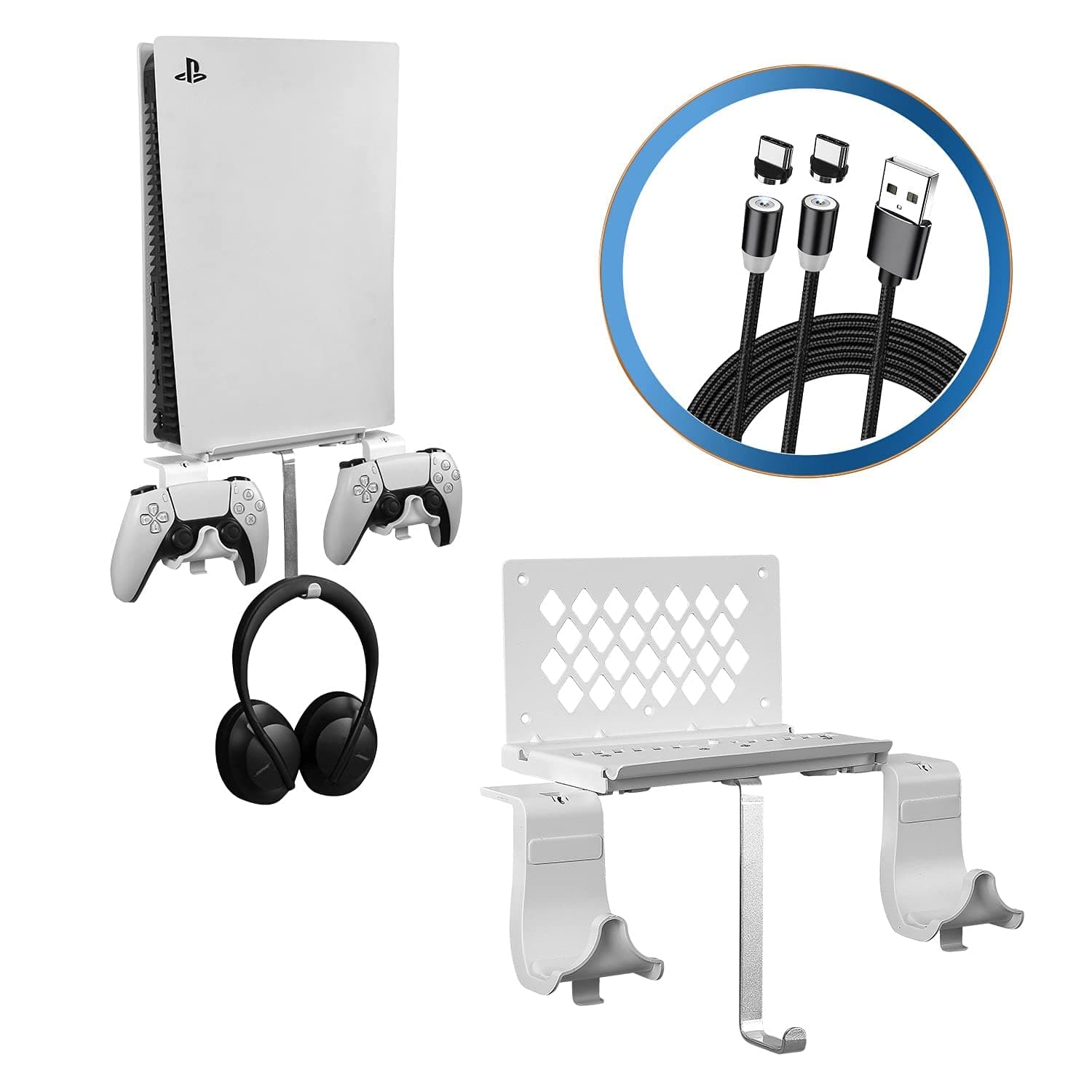 5 in 1 PlayStation 5 (PS5) Wall Mount Stand Bracket Bundle Set with 2 Way Charging Cable, Detachable Controller Holder & Headphone Hanger, Heat Dissipation Design, with Spirit Level & Non-Slip Mat