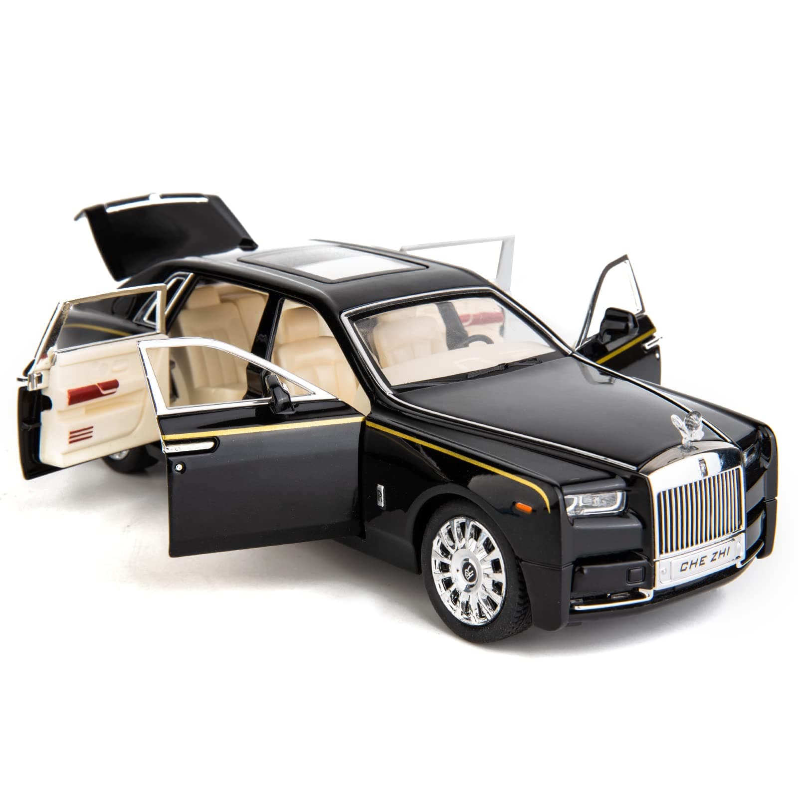 1/24 Rolls-Royce Phantom Model Car,Zinc Alloy Pull Back Toy Diecast Toy Cars with Sound and Light for Kids Boy Girl Gift(Black-Black)
