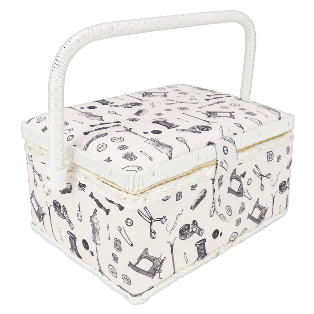 Sewing Box for Sewing Supplies Sewing Storage Organizer with Complete Hand Sewing Kit Tools, Wooden Sewing Basket with Removable Tray - Black White