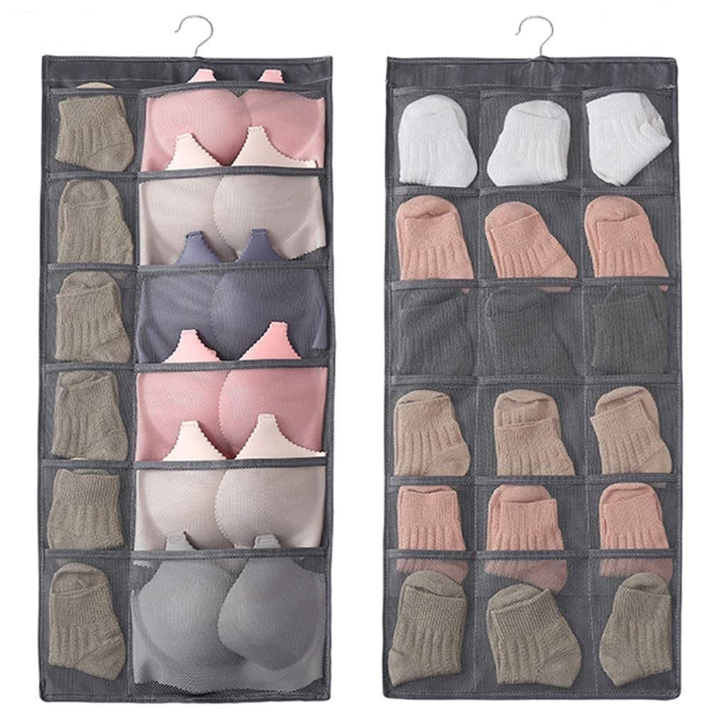 Trendegic Multifunction Double Sided Space Shaving Hanging 30 Pocket Socks Underwear Bra Innerwear Closet Wardrobe Storage Hanger Organizer (Grey-1 Pcs, Oxford Fabric), Drawer Organisers
