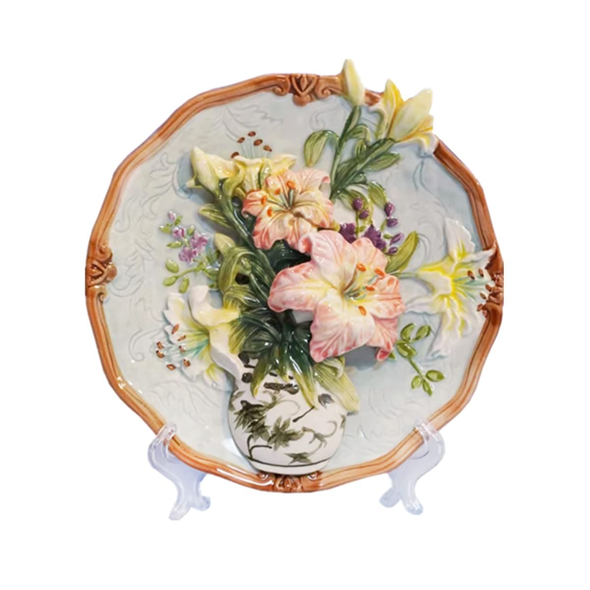 Ceramic Collections Plate, 3D Hand Painted Lilies Flower Decorative Tray with Display Stand -8"