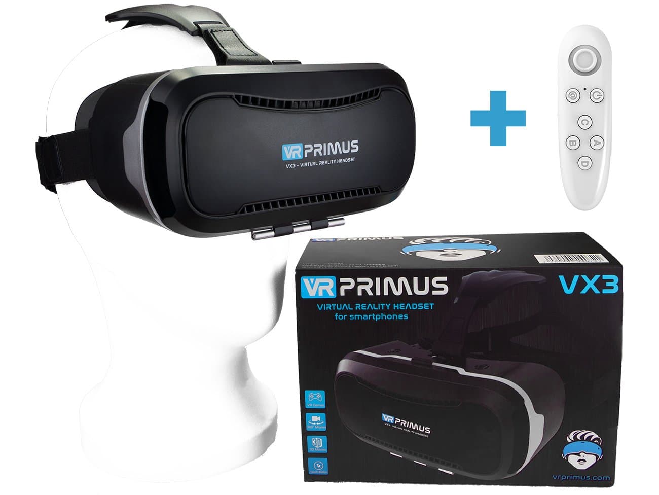 VR-PRIMUS® VX3 VR headset, compatible with mobile phones up to 5.8″ e.g. iPhone 7 8 X XS, Android, Samsung S6 S7 S8 S9, Huawei p10 p20,LG.With Google Cardboard Apps |+ controller for Android phones