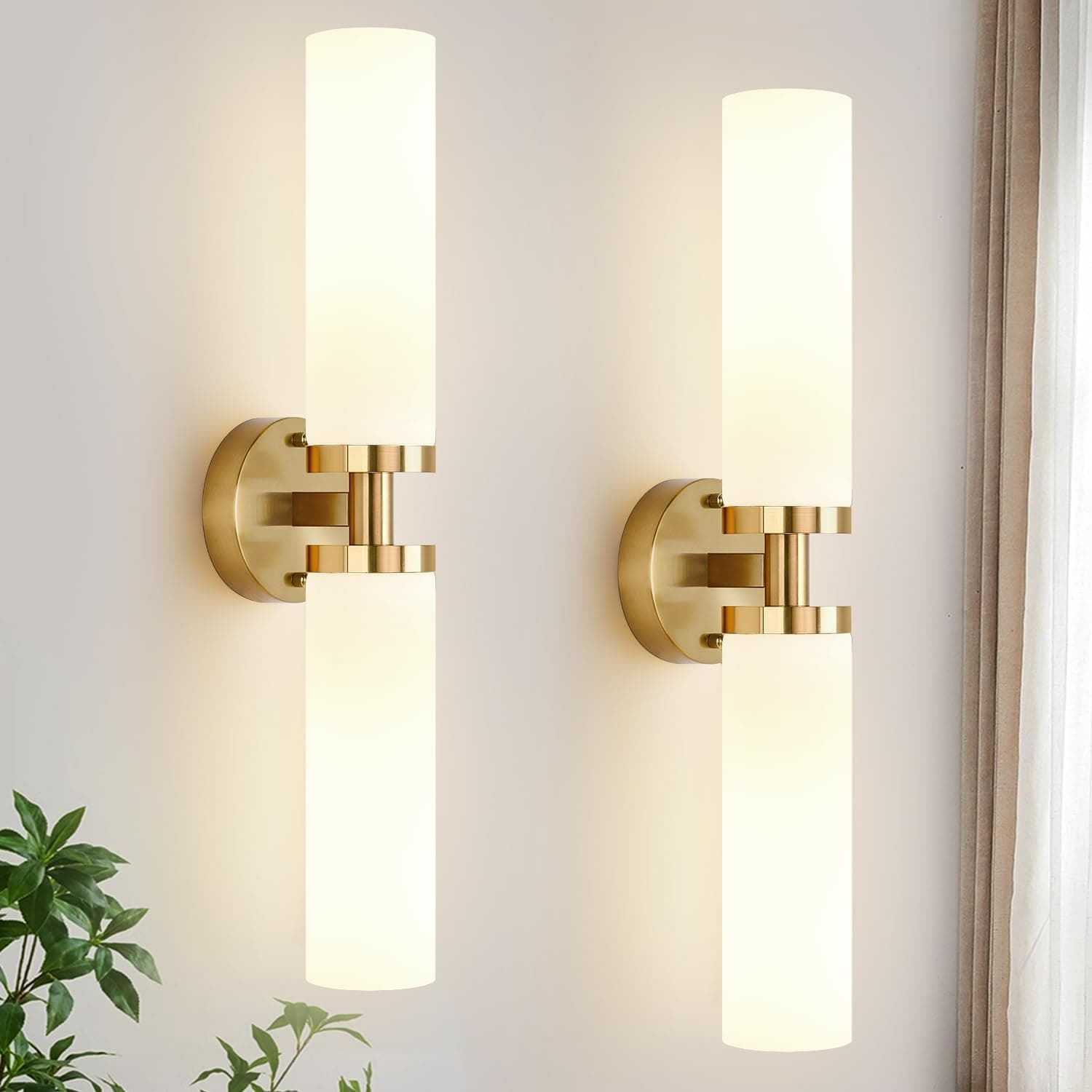 Wall Sconces Set of Two, Brushed Gold Bathroom Sconces Wall Lighting with Milky White Glass, Modern Sconces Wall Decor Set of 2 Bathroom Light Fixtures for Mirror Living Room Hallway Bedroom