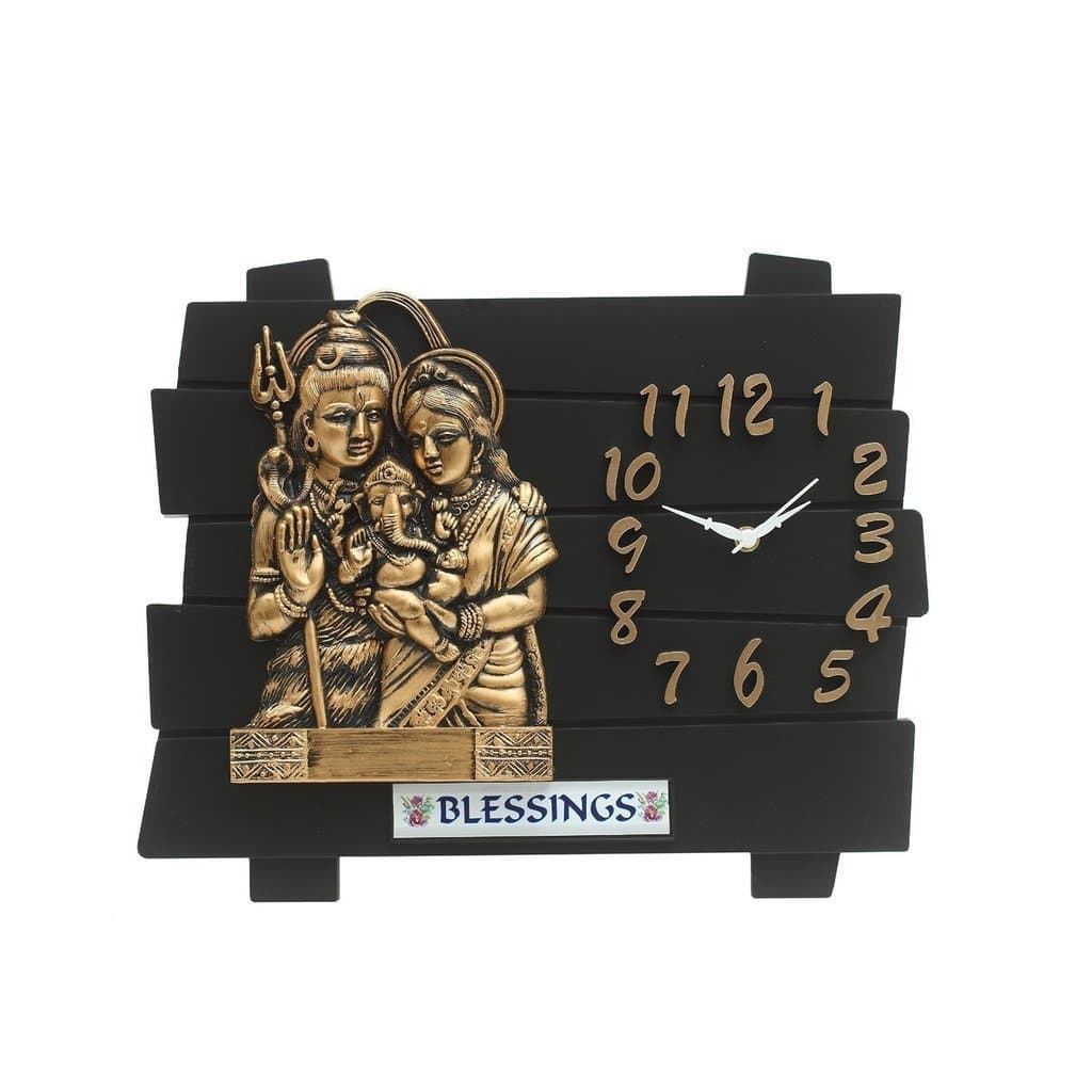 OM Collection Plastic Lord Shiv and Parvati with Ganesh Religious Wall Clock (Black, 35 x 30 cm)
