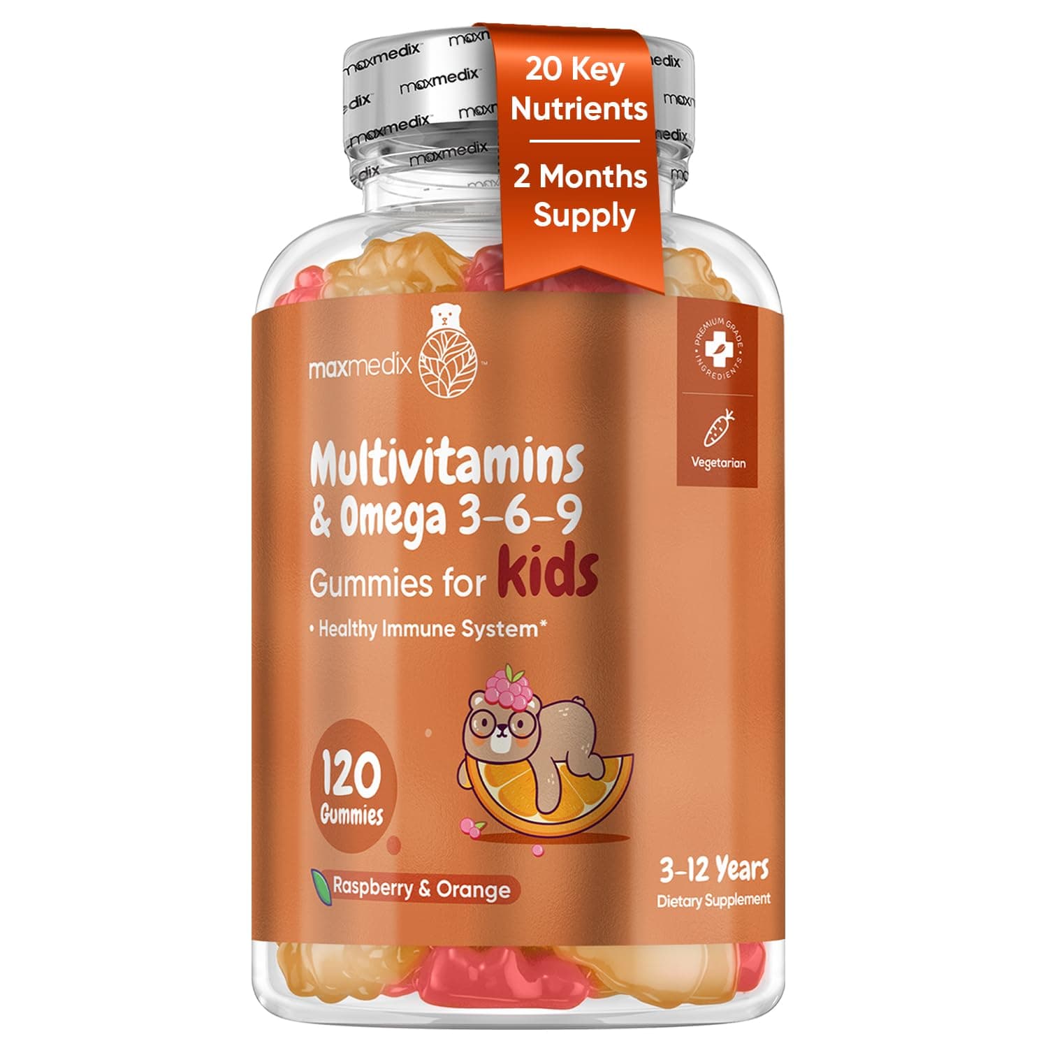 maxmedix Kids Multivitamin Gummies with Omega 3 6 9 | 20 Essential Kids Vitamins & Minerals for Healthy Immune System | 2-Month Supply | Children's Vitamins in Natural Raspberry & Orange Flavors