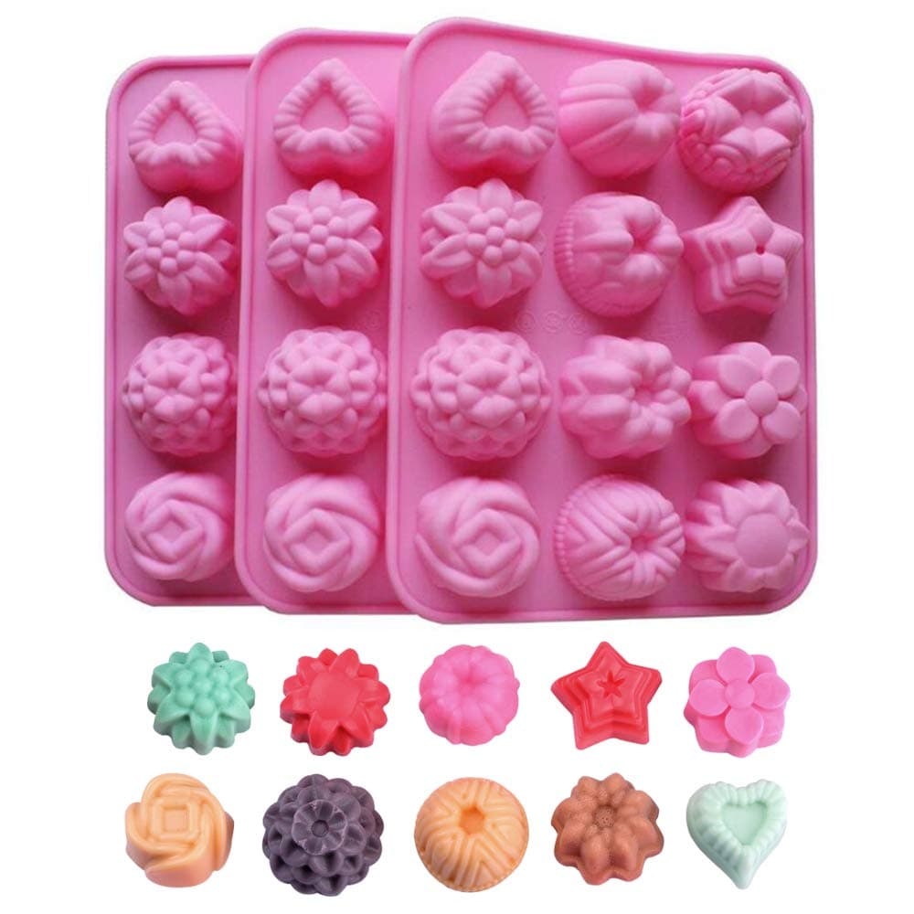 BAKER DEPOT Silicone Bakeware Mold For cake chocolate Jelly Pudding Dessert Molds 12 Holes With Flower Heart Shape Set of 3
