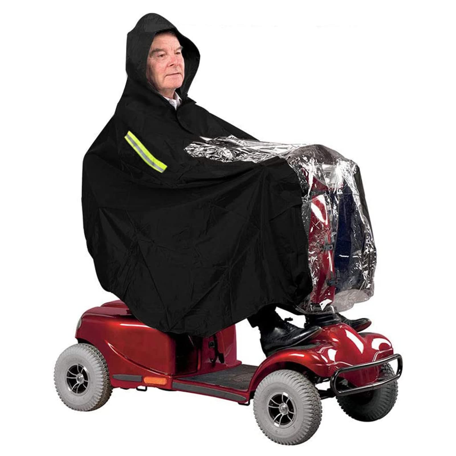 Waterproof Rain Poncho for Mobility Scooter, Large Wind Proof Scooter cape Raincoat Reusable Made by Black Clear PVC Full Protection from Rain
