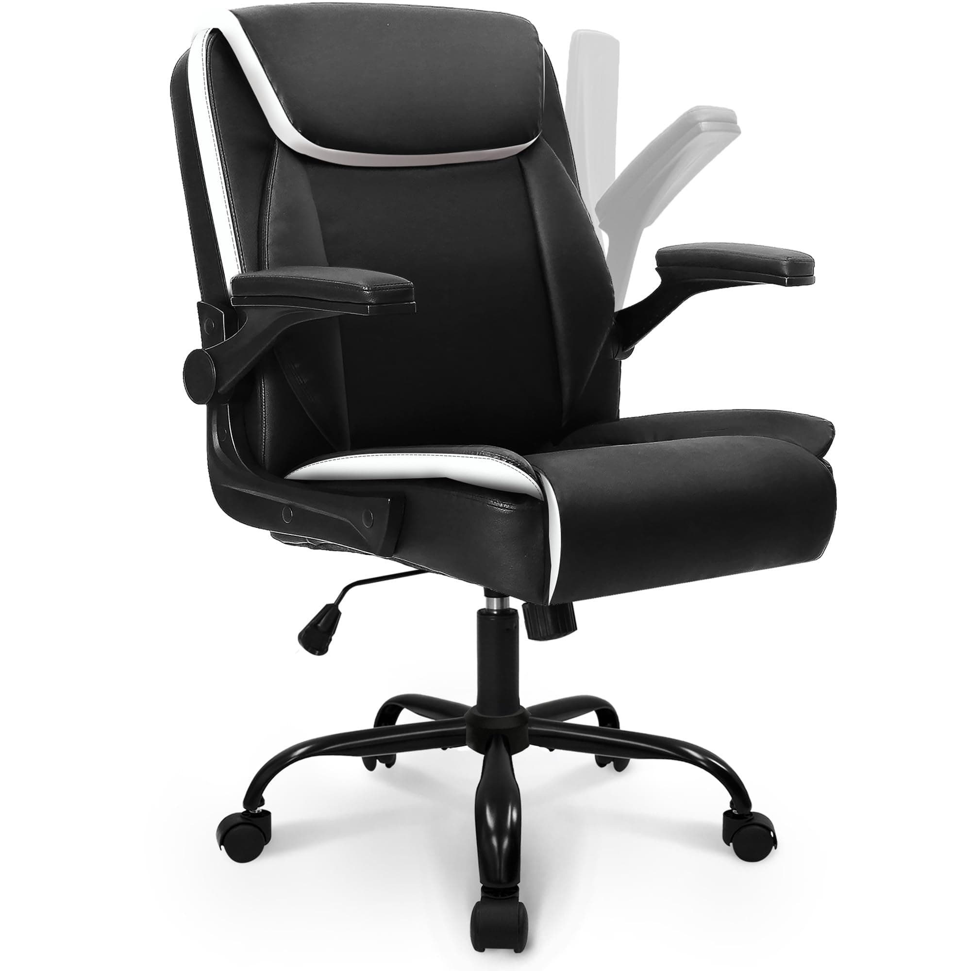 NEO CHAIR Office Desk Computer Chair Ergonomic Executive Mid-Back Leather Gaming Chair with Adjustable Flip-Up Armrests Wheels Swivel for Home Study Task (Black)