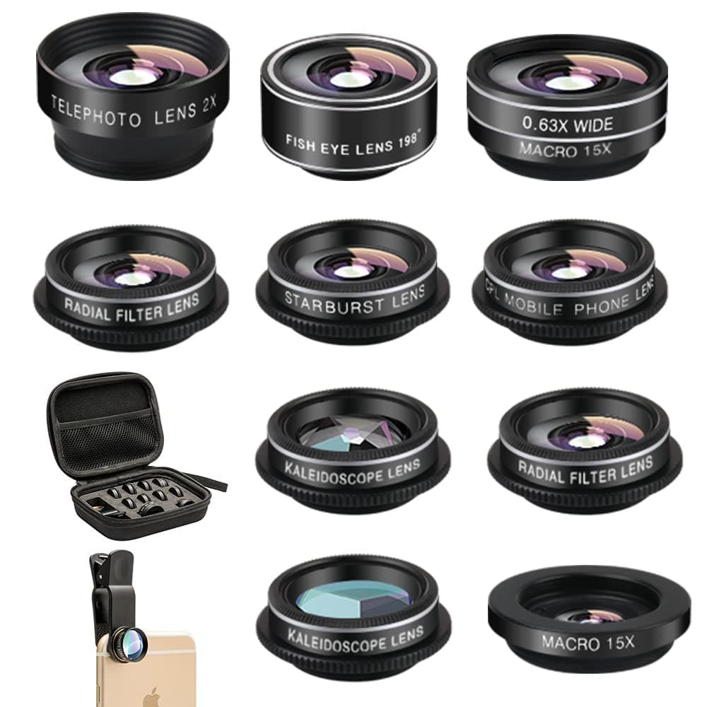11 in 1 Cell Phone Camera Lens Kit Wide Angle Lens & Macro Lens+Fisheye Lens+Telephoto Lens+CPL/Flow/Radial/Star/Soft Filter+Kaleidoscope Lens Compatible for iPhone Samsung Sony and Most of Smartphone