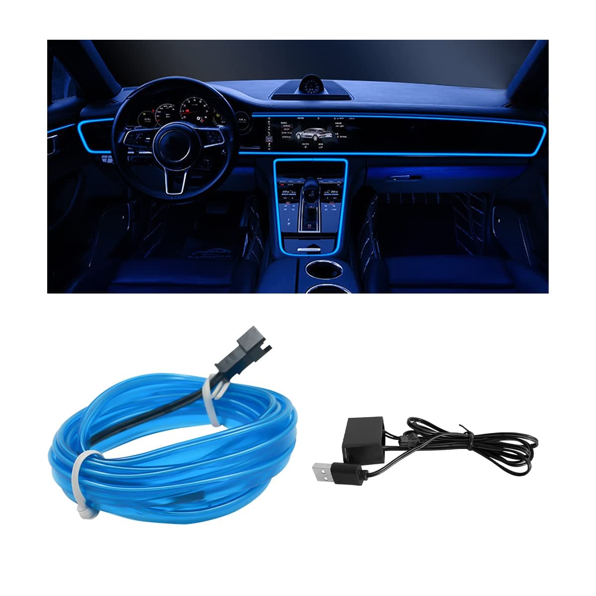 EL Wire LED Strip Lights, 10FT/3M USB Auto Neon Light Strip with Sewing Edge, Electroluminescent Car Ambient Lighting Kits with Fuse Protection, Car Decoration Accessories (Blue/10FT)