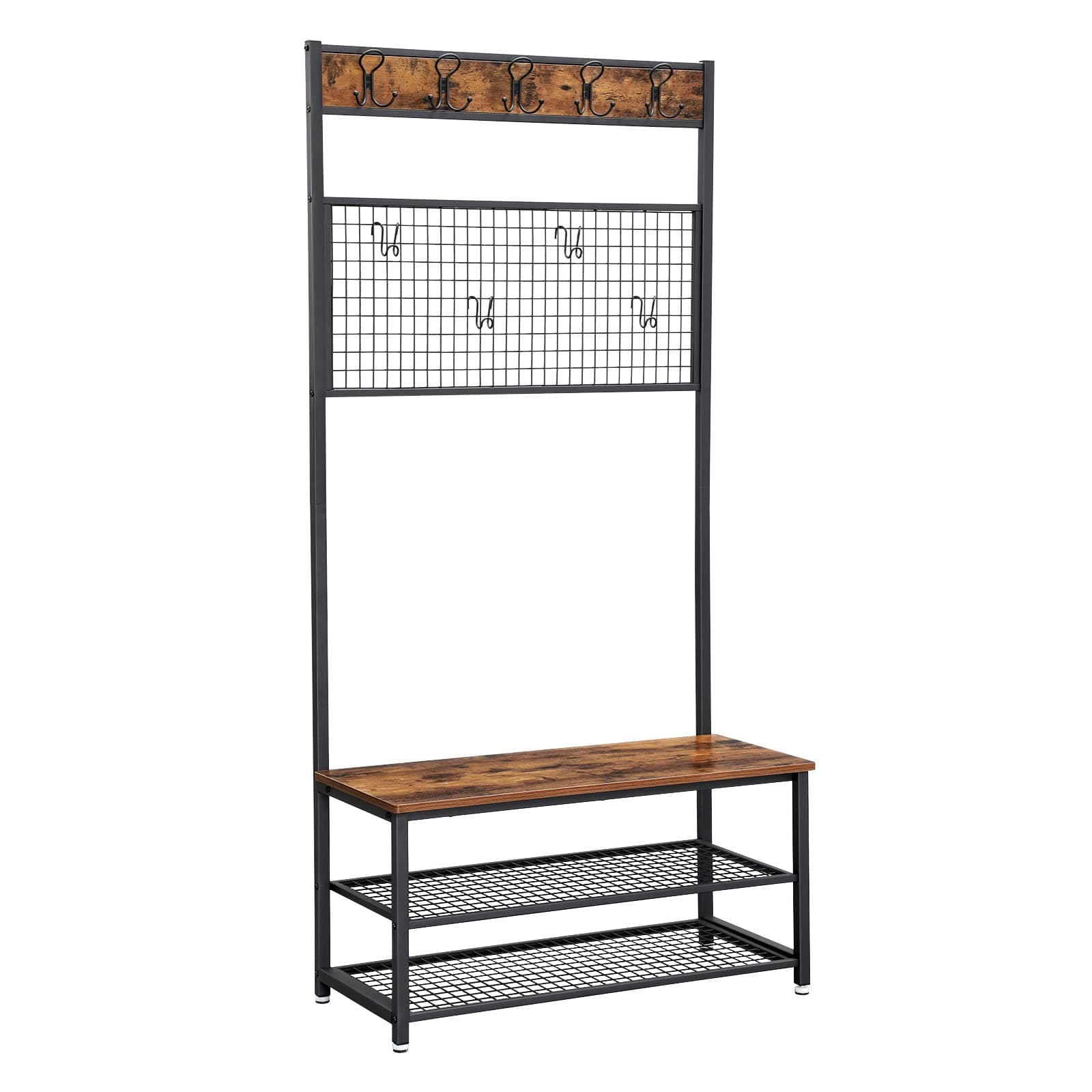 Coat Rack Stand, Industrial Shoe Rack and Bench with Grid Memo Board, 9 Hooks, and Storage Shelves, Hall Tree with Stable Metal Frame, Rustic Brown HSR46BX