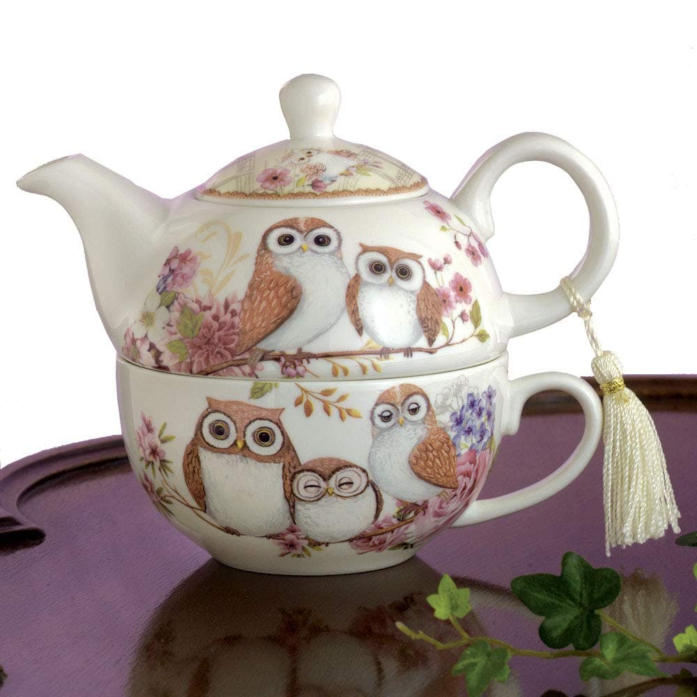 Bits and Pieces Home and Kitchen Décor-Tea for One Owls Porcelain Teapot and Cup - Adorable Owl Design with Delicate Tassel on Teapot Handle