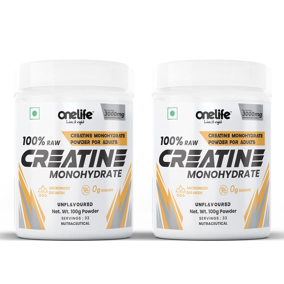 Onelife Creatine Monohydrate 3000mg For Strength Endurance & Athlete Performance Energy Support For Instant Workout, Banned substances free, GMO-free, 100gm Unflavoured Powder | Pack of 2