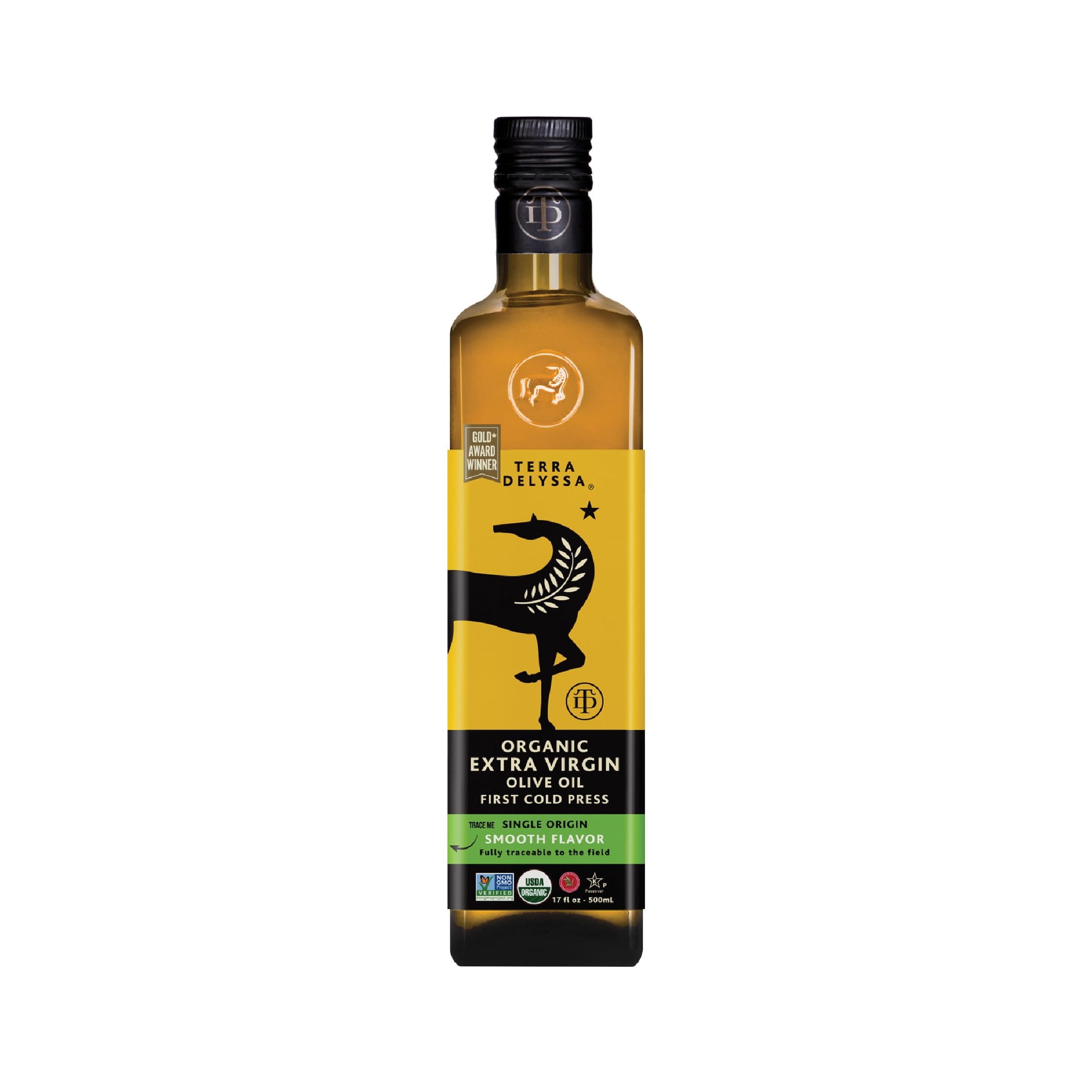 Terra Delyssa First Cold Pressed Organic Extra Virgin Olive Oil, Single Sourced, 500 ML (17 fl. oz) Dark Glass Bottle - 1 Pack, Non-GMO, Naturally Rich in Antioxidants and Polyphenols