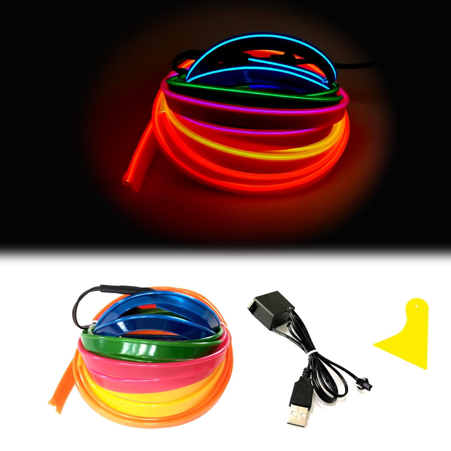El Wire Mutilcolor Interior Car LED Strip Lights,3M Neon Wire USB 5V with Fuse Protection for Automotive Interior Decoration, with 6mm Sewing Edge
