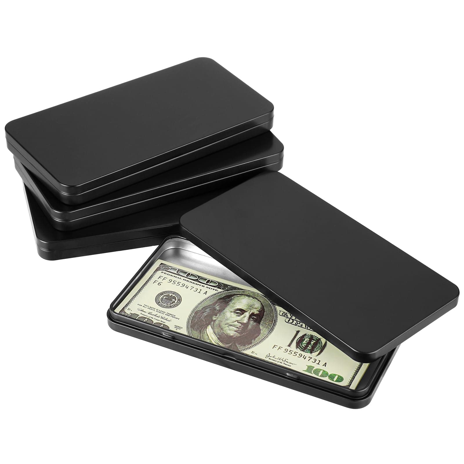 Hipiwe Metal Rectangular Cash Box with Lid - 4 Packs Currency Tray Money Holder Black Metal Empty Box Container Small Dollar Bill Storage Tin Box for Cash Coin Jewelry Stamps Organizer