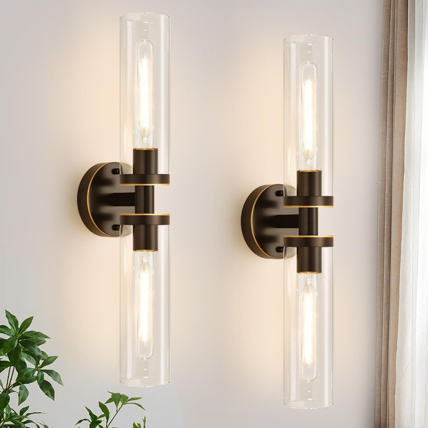 Indoi Wall Sconces Set of Two, Hardwired Brown Bathroom Sconces Wall Lighting with Clear Glass, Modern Sconces Wall Decor Set of 2 Bathroom Light fixtures for Mirror Hallway (Bulbs Not Included)