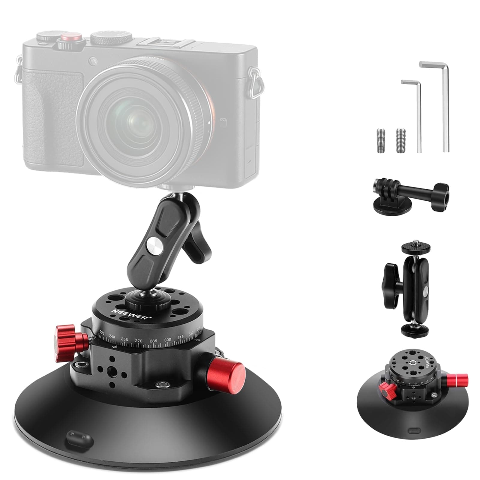 6"/15.2cm Camera Suction Cup Mount with Ball Head Magic Arm, Metal Suction Cup Mount on Car Windshield Dash for Camera/Action Camera/Phone Holder, with 1/4" & 3/8" Mounting Holes for ARRI
