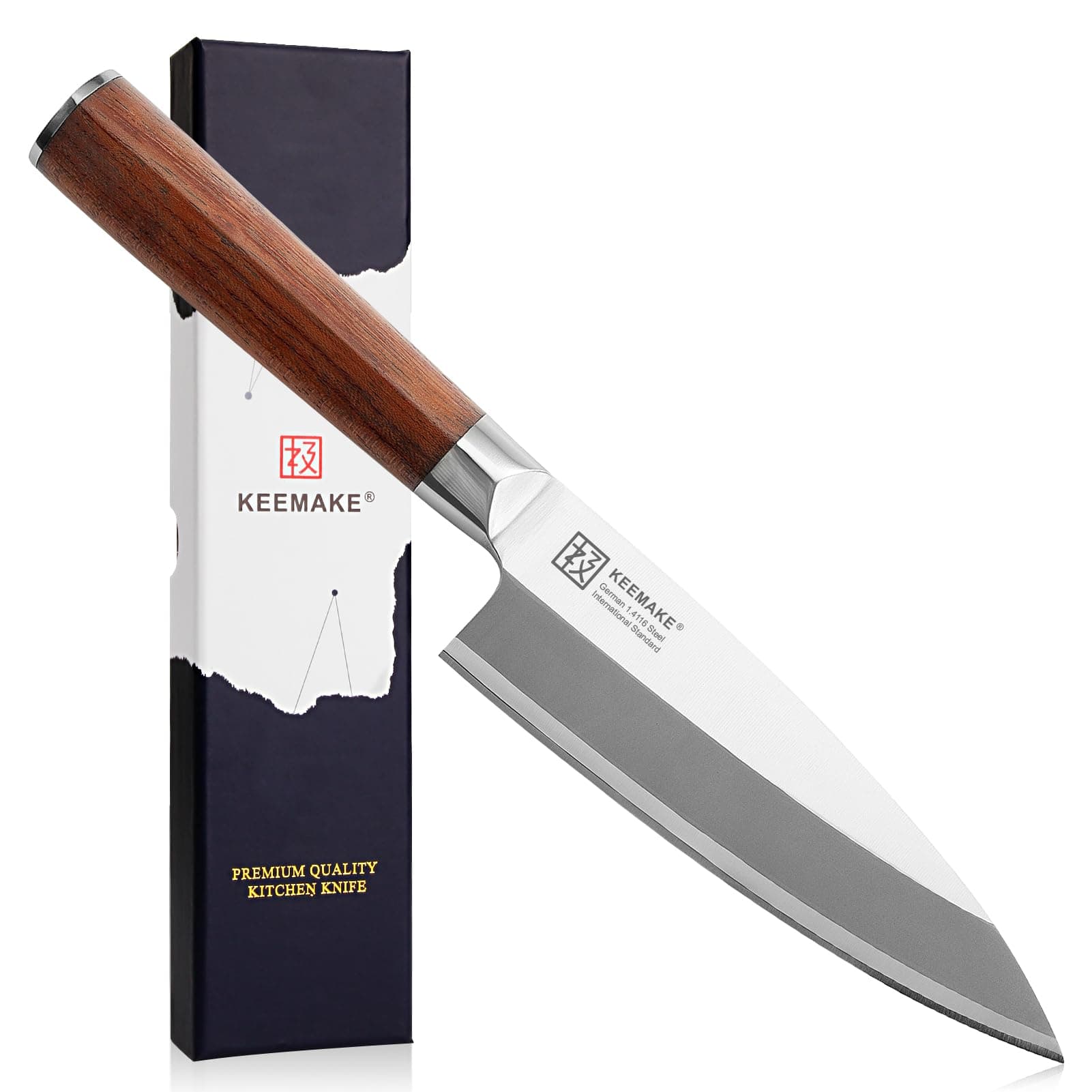 KEEMAKE Deba Knife 6.5 inches, Chef Knife Single Bevel High Carbon Stainless Steel 1.4116 Japanese Style Kitchen Knife for Fish and Meat with Rosewood Handle Chopping Knife with Gift Box