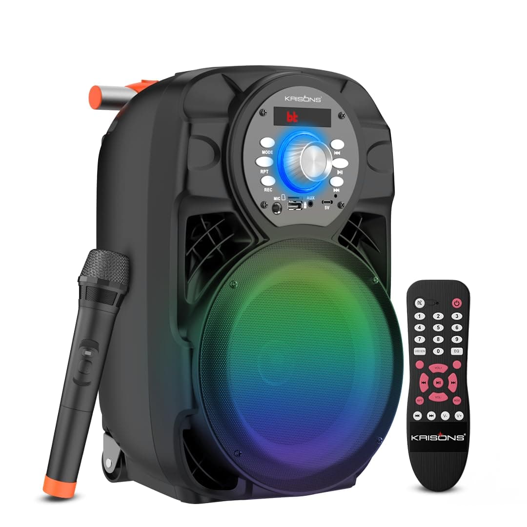 Krisons Star 100W Bluetooth Party Speaker with Built In wheels, Immersive Visual Display, Personalized Karaoke, Push Control - Volume, bass, treble and echo adjustments, Versatile Connectivity Options