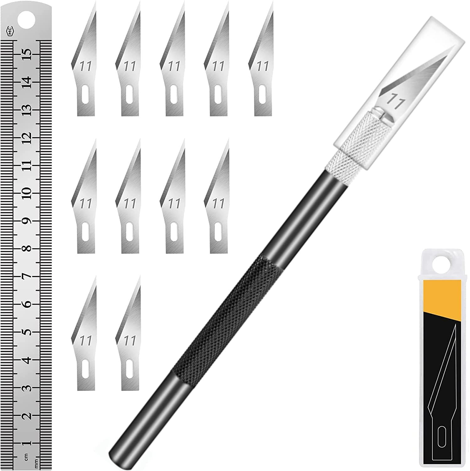 Craft Knife with 10 Extra #11 Blades, Precision Hobby Knife Set with Steel Ruler, Exacto Knife for Crafting, Polymer Clay, Pottery, Paper, Vinyl, Stencil & Model Making (Black)