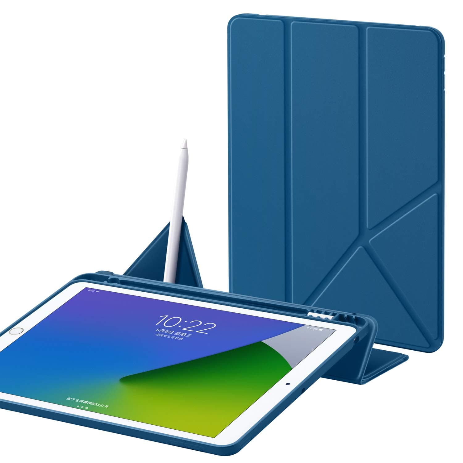 Origami Case for iPad 10.2inch 7th/8th Generation 2019/2020,Silicone Back Cover with Pencil Holder, Multi-Angle Bracket,Smart Auto Sleep/Wake (Navy Blue)