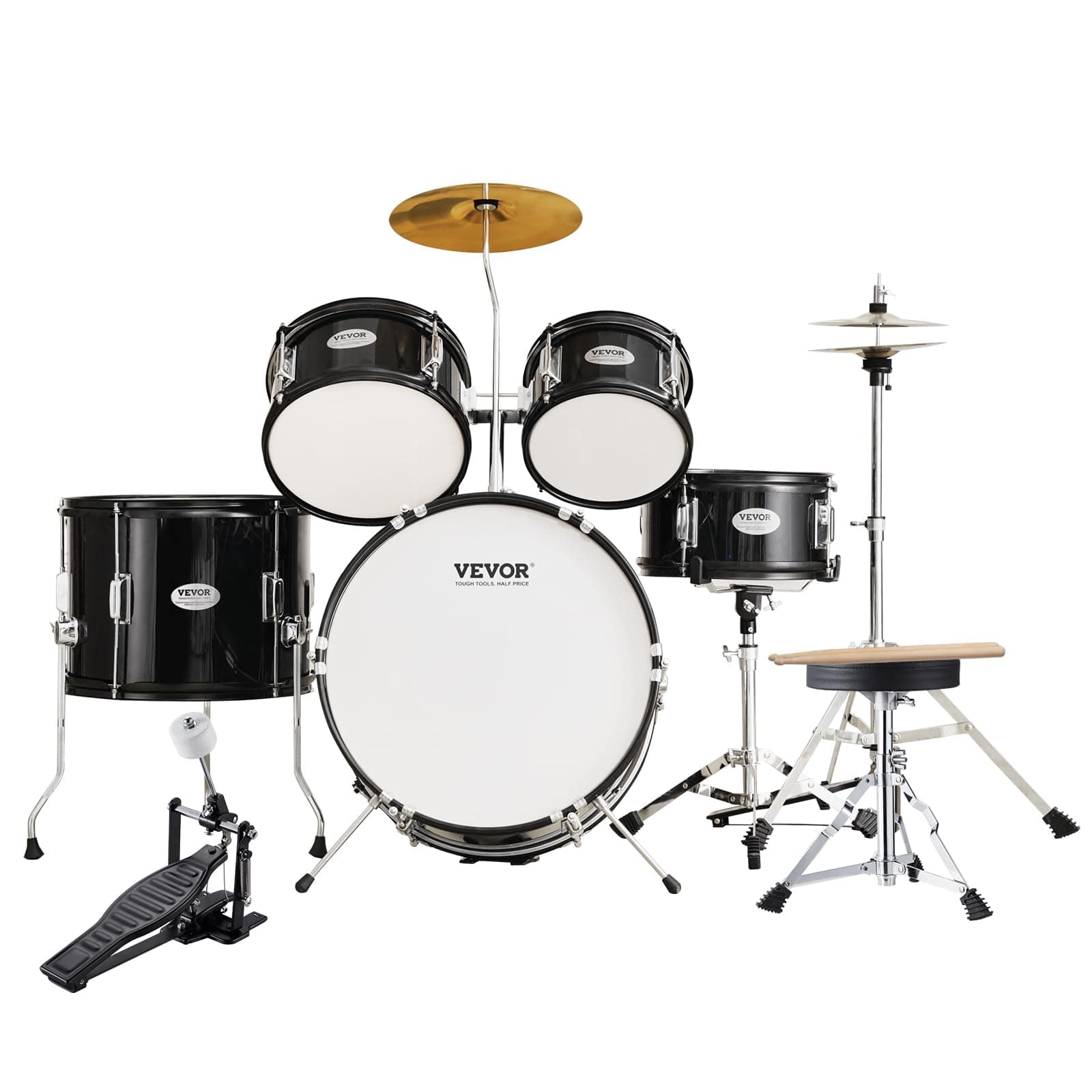 VEVOR Kids Drum Set, 5 Piece 16in Beginner Youth Full Drum Set with Bass Toms Snare Floor Drum Adjustable Throne Cymbal Hi-Hat Pedal and Two Pairs of Drumsticks, Starter Drum Kit for Child Kids, Black