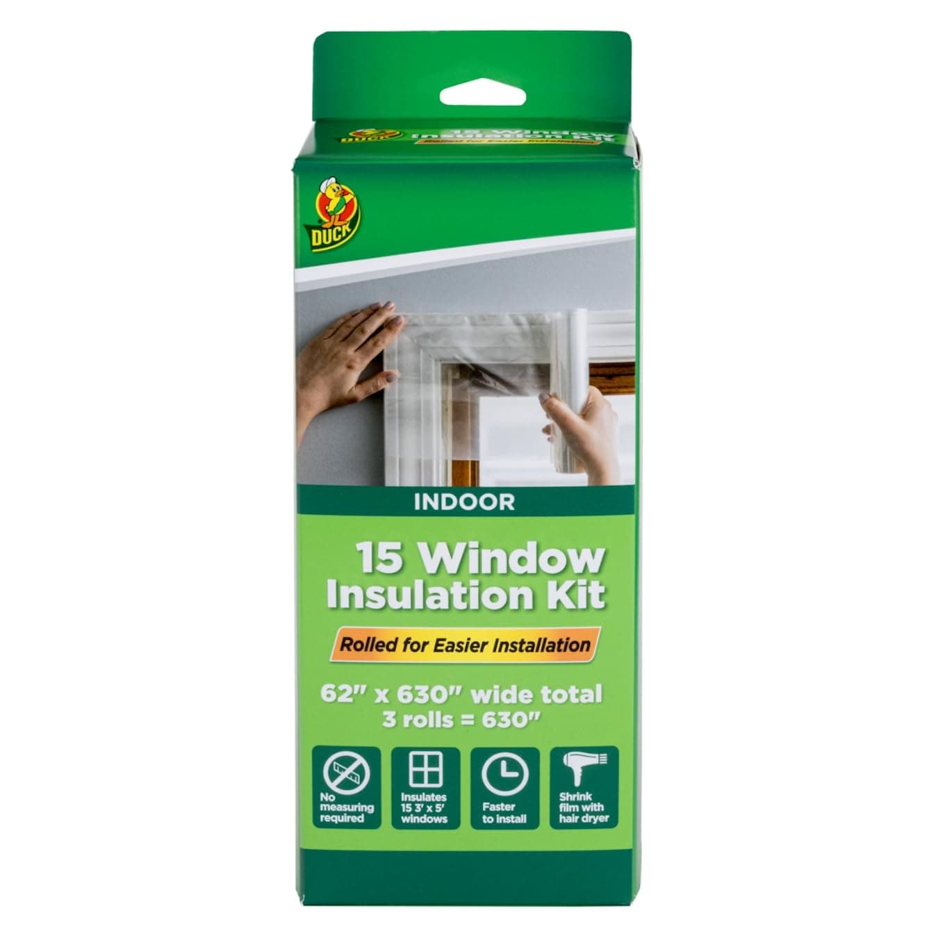 Duck Brand Winter Window Insulation Kit – Window Seal Rolled Shrink Film Covers Up to 15 3’ x 5’ Windows – Window Tape Included – Easy Indoor Installation - Clear - 15-Pack (288069)