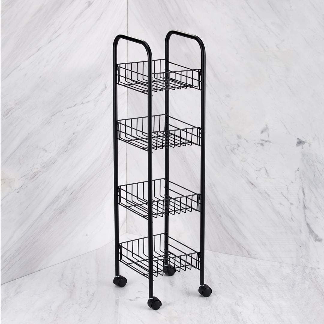 VINN DUNN BESPOKE 4 Tier Mobile Storage Rack, Kitchen Trolley on Wheels for Food Storage with 4 Baskets Serving Cart, 4 tier Bathroom Trolley | MATT BLACK