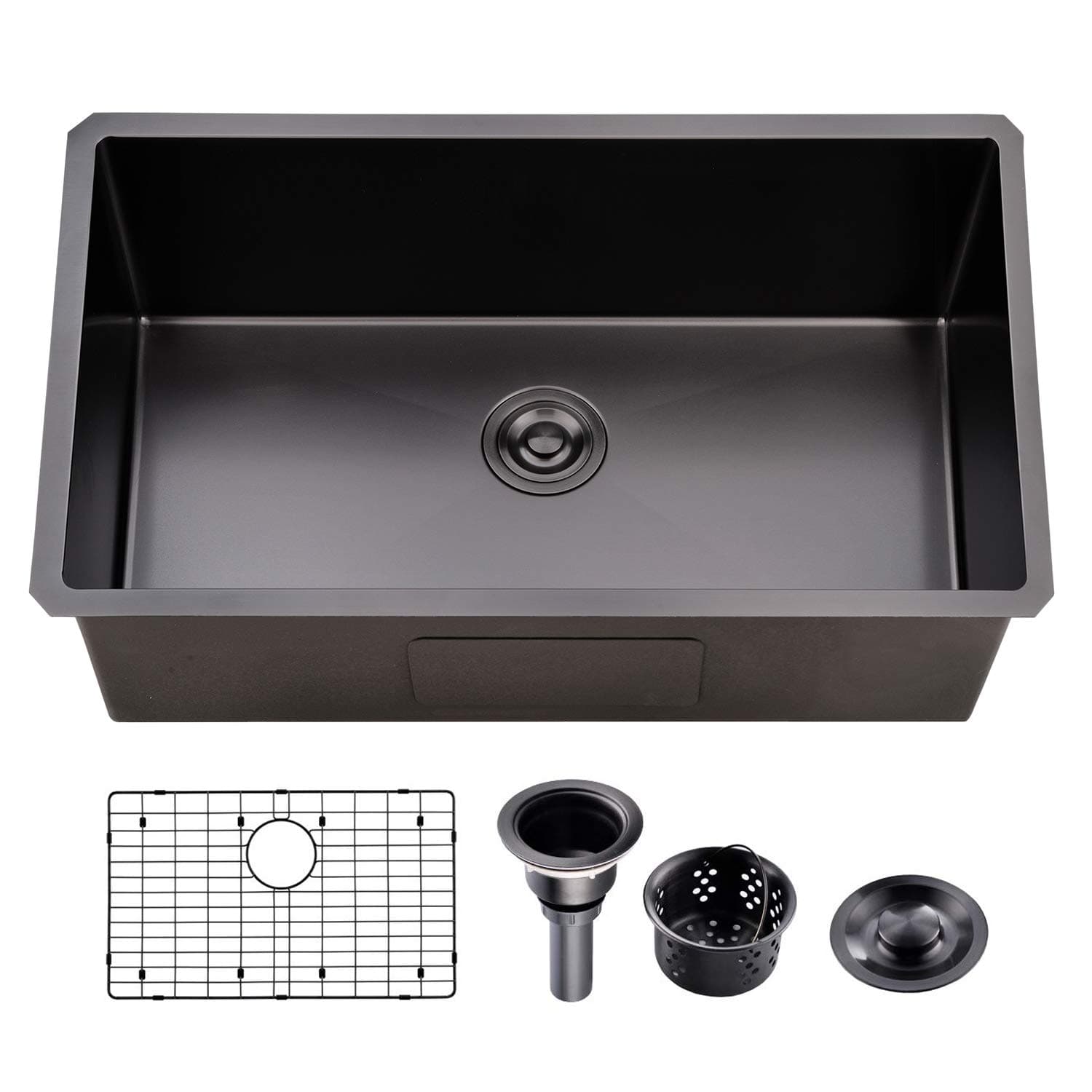 32 Inch Nano Black Undermount Kitchen Sink Stainless Steel Deep Single Bowl, 32”x18” Gunmetal Black 16-Gauge Zero Radius Commercial Large Kitchen Sink with Drainer and Bottom Grid