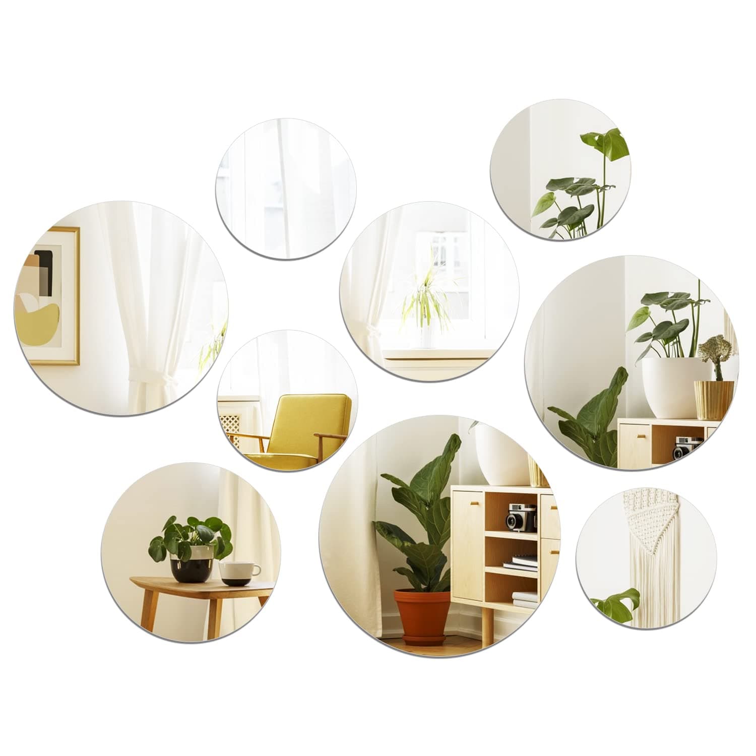 9 Pieces Self Adhesive Mirror Mirror Tiles mirror Wall Stickers 2MM Thick Acrylic mirrors Stickers for Wall Removable Art Circle Craft mirrors for Home Decoration, 6 10 15 20 CM