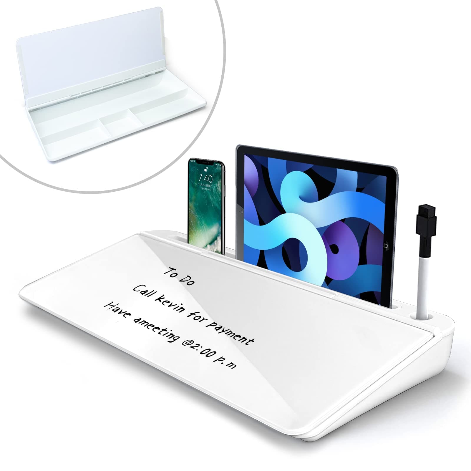 SKY-TOUCH Glass Desktop Computer Pad Dry Erase Board Desk Organizer with Mobile Phone and Tablet Stand Designed for your Home, Office and even School