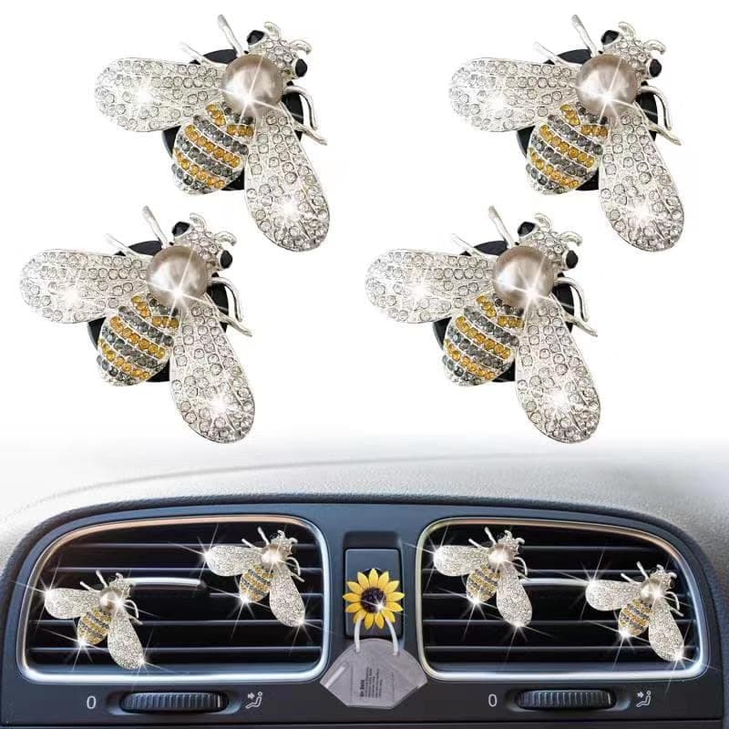 Bling Bee Air Vent Clips, 4 Pcs Crystal Bee Car Air Fresheners Car Diffuser Vent Clip Rhinestone Car Decoration for Women Interior Decor Bling Car Accessories + Sunflower Mask Hook