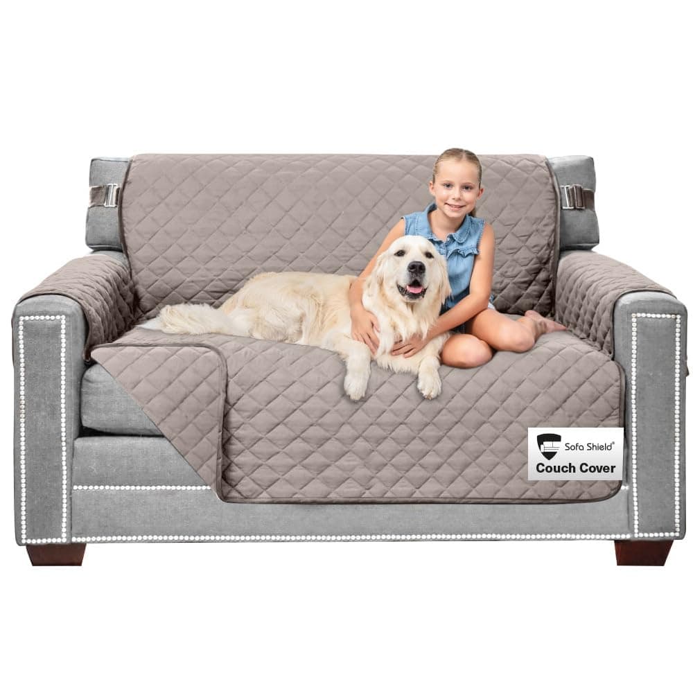 Sofa Shield (Loveseat, Light Taupe/Light Taupe) - The Original Reversible Furniture Protector, Features Elastic Strap (Loveseat: Lt Taupe/Lt Taupe)