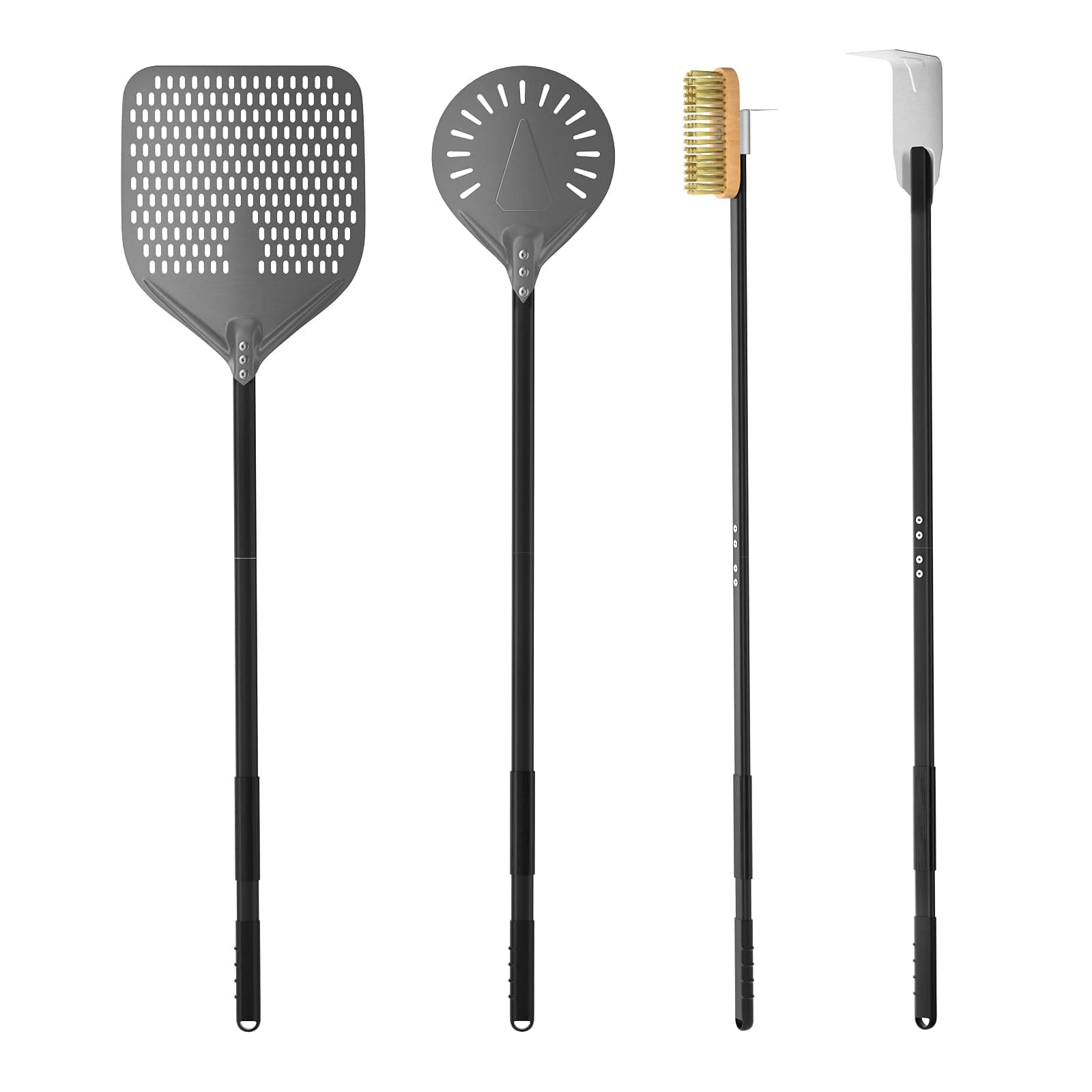 4-Piece Pizza Tool Set - 12" × 15" Perforated Aluminum Pizza Peel, 9" Round Turning Peel, Pizza Oven Cleaning Brush, Ash Rake, Pizza Oven Accessories, Pizza Kit for Pizza Lover