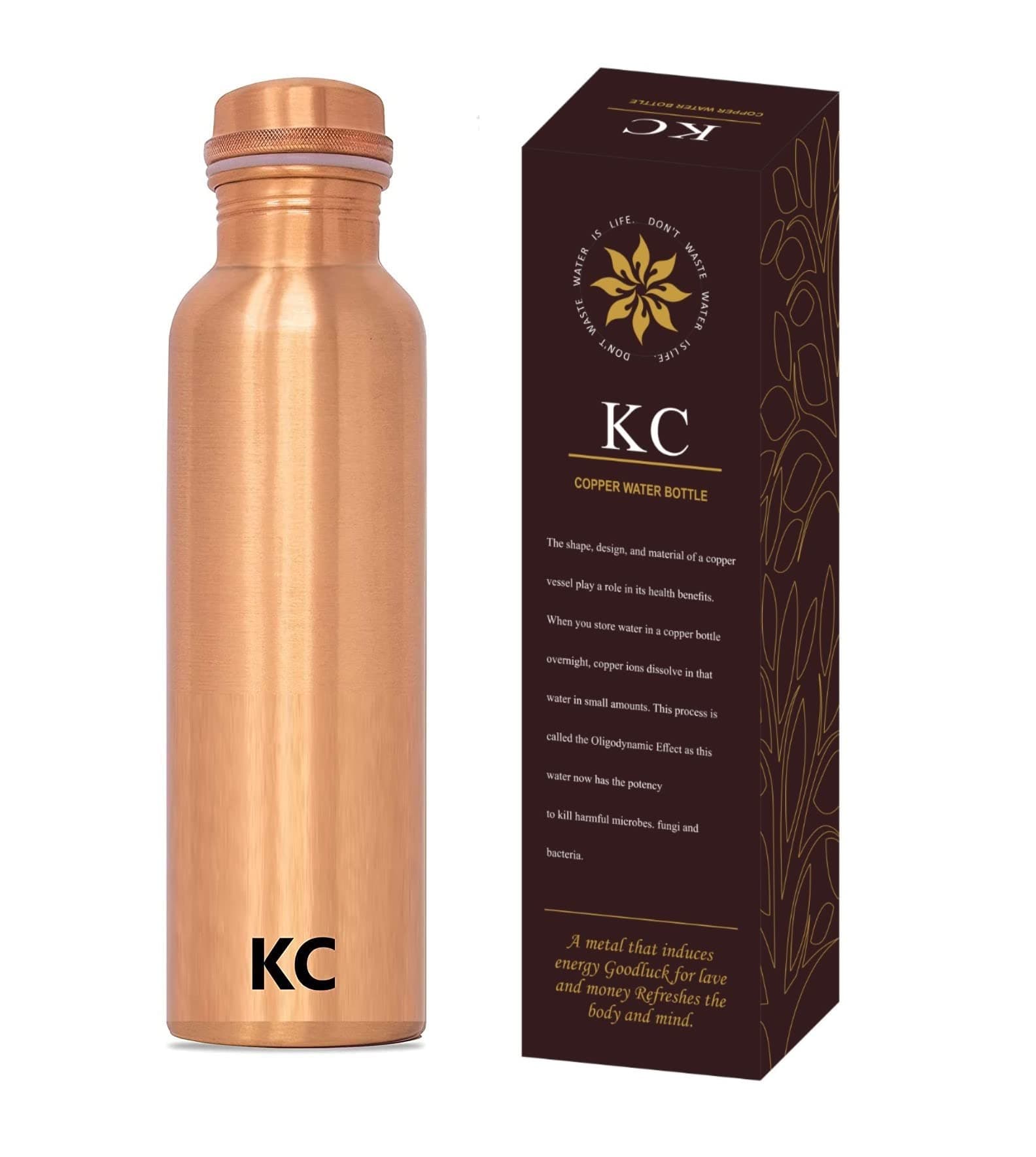 KC Pure Designer Water Bottle With Advanced Leak Proof Protection And Joint Less, Ayurveda And Yoga Health Benefits. (1000Ml, Pack Of 1 Unit) With Lacqure Coating Standard Copper