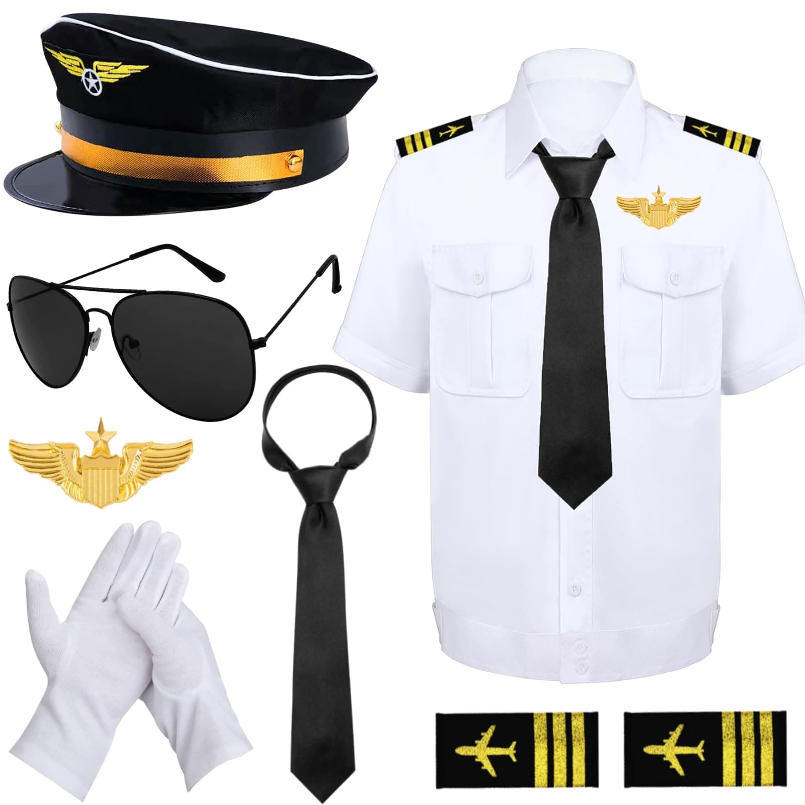 Airline Pilot Captain Costume Include Shirt Pilot Hat Tie Sunglasses Badge for Adults Aviator Dress Up