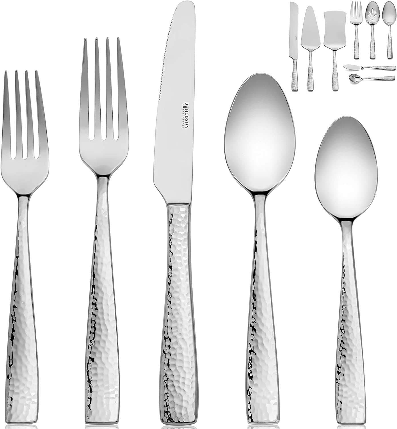 68-Piece Hammered 18/10 Stainless Steel Silverware Cutlery Set with Serving Set, Flatware Service for 12 (68-Piece Set)